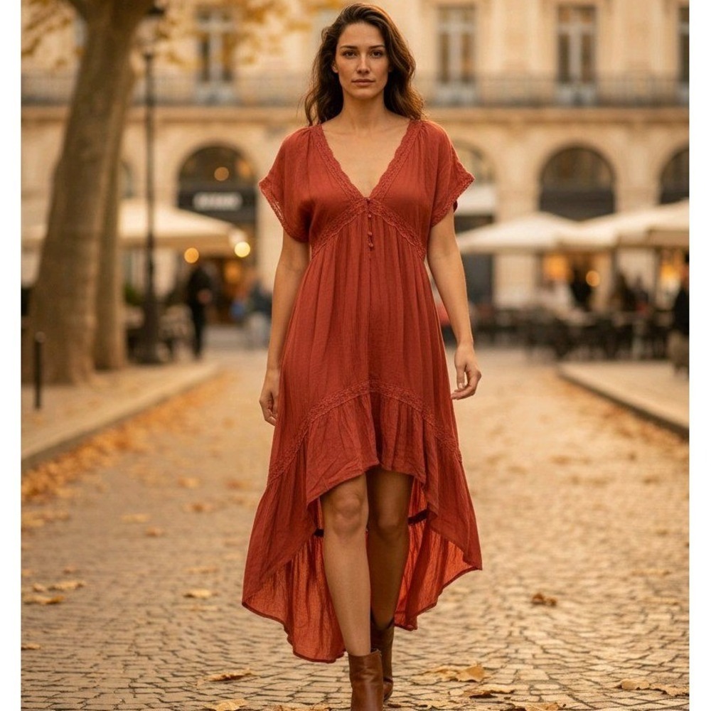 Baevely Rust Orange Boho High Low‎ Maxi Dress Lace Trim V-Neck Medium Buckle